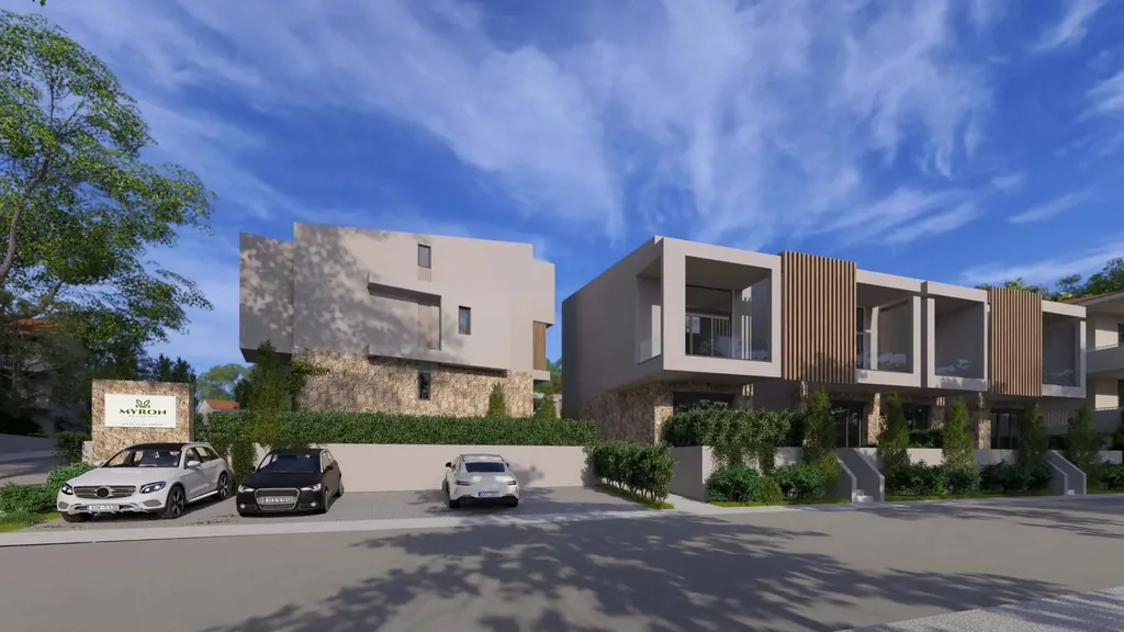 Exterior of the Orphia holiday complex with Mediterranean architecture and wooden accents