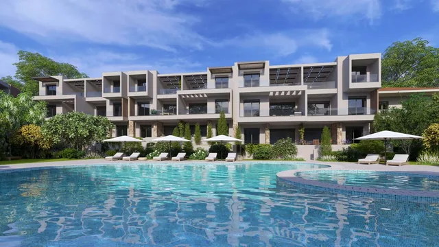 Pool and building of the Orphia holiday complex in Kallithea