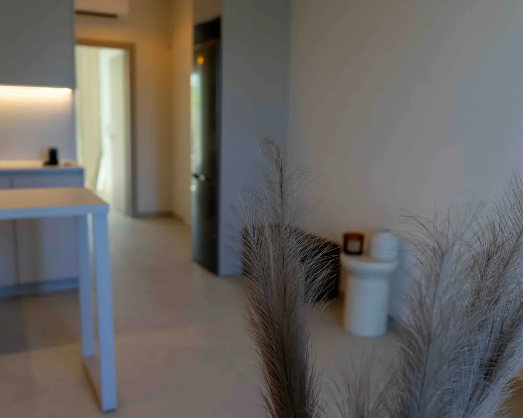 View from the kitchen into the open-plan living area of the Orphia apartment