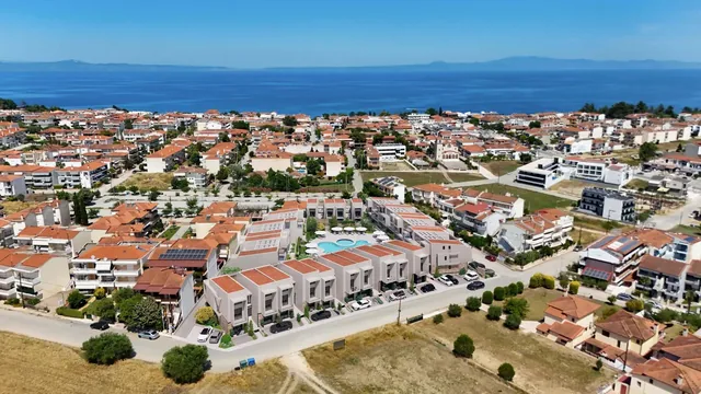 Aerial view over Kallithea in Halkidiki with the sea beyond